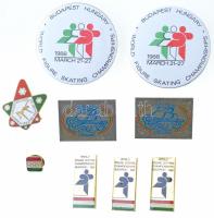 9db-os vegyes magyar műkorcsolya tematikájú jelvény tétel: 1963. "Műkorcsolyázó és Jégtánc EB Budapest" aranyozott, zománcozott jelvény (20-36mm), 1984. "Műkorcsolyázó EB Budapest" fém jelvény (2x, 40x29mm), 1988. "Budapest Hungary - World Figure Skating Championships" műanyag jelvény (2x, 57mm), 1988. "World Figure Skating Championships Budapest" fém jelvény (3x, 17x36,5mm) és egy olimpiai ötkarika mintájú, nemzetiszínű zománcozott jelvény (11x11mm) T:2 egyiken tűhiány