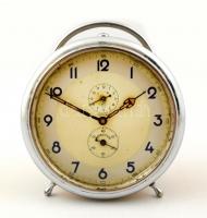 Junghaus ébresztős asztali óra, másodpercmutatós, kopott számlap, működik, 16×14 cm