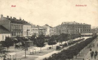 Arad, Andrássy tér, Bérbos Á. és fiai bútorgyára, Martits és Pák üzlete, ereklyemúzeum / square, furniture store, shops, relic museum (kis szakadás / small tear)