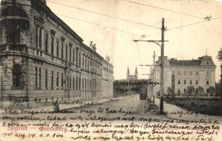 Sopron, Király utca, villamos, Verlag Josef Popper (Rb)