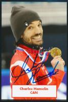 Charles Hamelin (1984-) olimpiai bajnok kanadai rövidpályás gyorskorcsolyázó aláírása egy őt ábrázoló fotón, 15x10 cm./ autograph signature