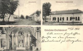 Orczyfalva, Ortisoara; Utcarészlet, Községháza a kisdedóvóval, Római katolikus plébániatemplom belső / street, church interior, kindergarten, town hall (EK)