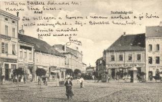 Arad, Szabadság tér, Szappan és gyertyagyár a kék csillaghoz, Dáimel Lajos kereskedése a fekete kutyához, Erber és Fleischmann, Hubert J és társa és Schwarz testvérek üzlete / square with shops (EK)