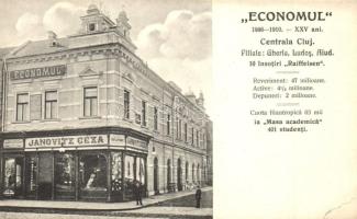 Kolozsvár, Cluj; Economul Bank, Janovitz Géza ruharaktára, Mátyás Dóra rövidáru üzlete / bank advertisement, shops (EK)
