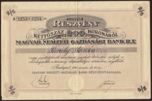 1920 Magyar Nemzeti Gazdasági Bank 200K részvény