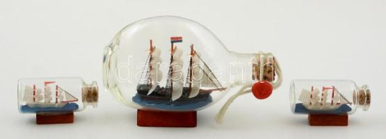 3 db türelem üveg, hajókkal, h:5,5 cm (2×), h:13 cm