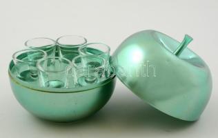 Alma formájú retró kupicás készlet, fém, üveg, 11×11 cm