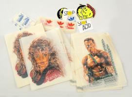 Különféle pólóra vasalható matricák, kb. 65 db (Schwarzenegger, Sandra, Adidas, stb.)