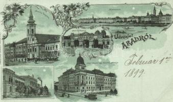 1899 Arad, Maros part, Minorita templom, Vár főkapuja, Líceum, lóvasút, Lengyel Lipót kiadása / river bank, castle gate, omnibus, lyceum, floral, Art Nouveau litho (vágott / cut)
