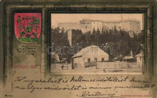 Ungvár, Uzhorod; vár, címer Feuerlicht testvérek kiadása / castle, coat of arms, frame, litho  (fa)