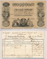 Ausztria 1841. 50G korabeli hamis bankjegy + Ausztria / Bécs 1850. Tanúsítvány a hamis, "DM 45680" sorszámú 50G-es bankjegyről, német nyelven, szárazpecséttel + átvételi elismervény két darab hamis bankjegyről T:IV ragasztott Austria 1841. 50 Gulden contemporary fake banknote + Austria / Wien 1850. Certificate about the fake "DM 45680" serial number 50 Gulden banknote in German language with embossed stamp + receipt about two banknotes C:G glued