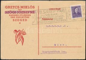 1936 Gretcs Miklós és Szögi Józsefné Paprika és Pflänzer und exportöre hirdetéses levelezőlap, pecséttel, bélyeggel, 10x15 cm.