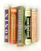 5 db régi gyógyszeres fiola, némelyik tartalommal