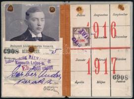 1916 Budapesti Közúti Vaspálya Társaság fényképes tanuló bérletjegye, kissé viseltes borítóval