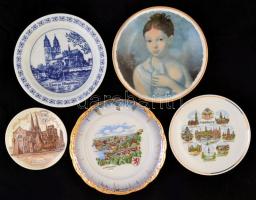 5 db porcelán falitányér, matricásak, hibátlanok, d: 16 és 24,5 cm