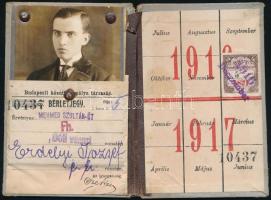 1916 Budapesti Közúti Vaspálya Társaság fényképes tanuló bérletjegye, kissé viseltes borítóval