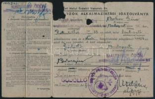 1948 Budapesti Helyi Érdekű Vasutak Rt. dolgozói igazolványa, megviselt állapotban, fénykép hiányzik, kisebb hiánnyal.