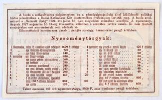 Budapest 1927. "A Budai Katholikus Kör Pengősorsjegye" 1P értékű sorsjegye a Köri Székeshá...
