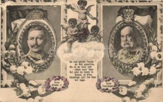 Viribus Unitis, Kaiser WIlhelm II., Kaiser Franz Joseph I., floral decorated postcard with angels, M. M. S. Wien (felületi sérülés / surface damage)