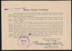 1922 Ébredő Magyarok Nemzetvédelmi Sajtó részvénytársaság részvényjegyzésről szóló hirdetménye. Budaváry László képviselő aláírásával