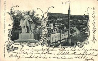 1899 Eger, Szent István szobor, Mecset, Szolcsányi Gyula kiadása, Pick Testvérek floral Art Nouveau (lyukak / holes)