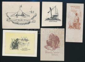 Vegyes ex-libris tétel, 5 db, klisék, papír, egy részük jelzett, 6x5 cm és 6x9 cm közötti méretben.