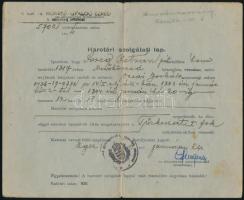 1943-1944 Harctéri szolgálatai lap, M. Kir. 14. honvéd gyalogezred, pecséttel, aláírással, hajtásnyomokkal.