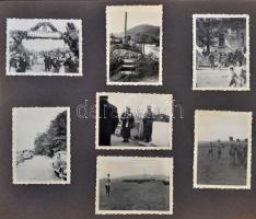 cca 1940-1959 Fotóalbumlap katonai fotókkal, valamint egy családi gyászhír értesítővel (1959), összesen 8 db, különböző méretben, kartonra ragasztva.