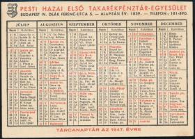 1947 Pesti Hazai Első Takarékpénztár kártyanaptár Kossuth címerrel