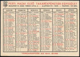 1947 Pesti Hazai Első Takarékpénztár kártyanaptár Kossuth címerrel