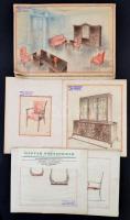 cca 1930 Magyar Bőrszékipar Pipisz Vilmos és utódai bőrszék és bútor tervek. Pecséttel jelzett rajzok 10 db, közötte két nagyobb méretű enteriör. 28x24, 38x26 cm