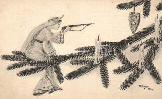 Christmas greeting card with armed angel s: A. Beyer