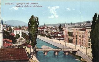 Sarajevo, Apelova obala sa vijecnicom / Apel coast with the city hall, bridge, river, Verlag Simon Kaltan Nr. 50. (from postcard booklet)