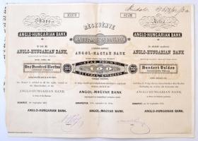 Budapest 1875. "Angol-Magyar Bank" részvénye 100Ft értékben, szelvényekkel és szárazpecséttel, lyukasztással érvénytelenítve T:II