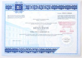 Budapest 1995. "Postabank és Takarékpénztár Rt." részvénye 100.000Ft-ról, szelvényekkel és bélyegzéssel T:I-