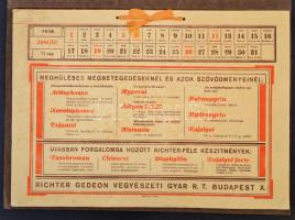 1936 Richter Gedeon Vegyészeti Gyár RT. reklámos asztali naptár naptár, tele gyógyszer reklámokkal egyben itatós 29x41cm Dombornyomott borítóval