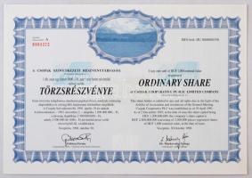 Veszprém 1998. "Csopak Szövetkezeti Részvénytársaság" törzsrészvénye 1000Ft-ról, magyar és angol nyelven, szárazpecséttel és szelvényekkel T:I-