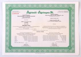 Békéscsaba 2000. "Agrimill-Agrimpex Rt. Gabonafeldolgozó és Gabonakereskedelmi Részvénytársaság" törzsrészvénye 1000Ft-ról, magyar és angol nyelven, teljes szelvényívvel T:I-