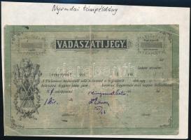 cca 1890 Vadászati jegy nyomdai próbanyomata az engedélyező kézjegyével, megjegyzéseivel