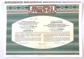 Budapest 1991."MÜSZI Mezőgazdasági Üzemszervezési, Számítástechnikai és Informatikai Részvénytársaság" részvénye 10.000Ft értékben, szelvényekkel és aláírt forgatmánnyal T:II