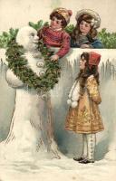 'Boldog Új Évet!' / New Year greeting card, snowman and children, golden decorated Emb. litho (EK)