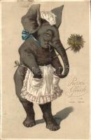 Riesen Glück im neuen Jahre / New Year greeting card, elephant dressed as housemaid, golden decorated litho (EK)