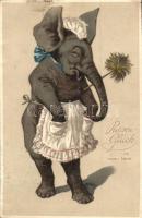 'Riesen Glück im neuen Jahre' / New Year greeting card, elephant dressed as housemaid, golden decorated litho (EK)