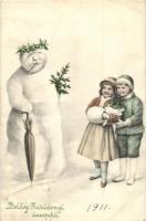 Boldog Karácsony Ünnepeket / Christmas greeting card, snowman with an umbrella and children, V. K. Vienne 5210. litho (EB)