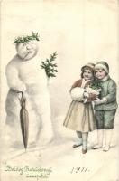 'Boldog Karácsony Ünnepeket' / Christmas greeting card, snowman with an umbrella and children, V. K. Vienne 5210. litho (EB)