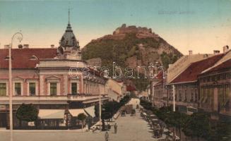 Déva, utcakép várral, Fehér Kereszt szálloda, Hirsch Testvérek üzlete / street view with castle, hotel, shop (EK)