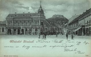 Déva, Holtzer Károly, Szőcs F. Lajos és Hirsch testvérek üzlete. Hirsch Adolf kiadása / square with shops (kis szakadás / small tear)