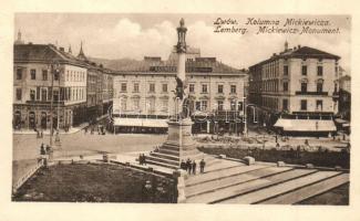 Lviv, Lwów, Lemberg; Kolumna Mickiewicza / monument, shop of Kazimiers Lewiczki