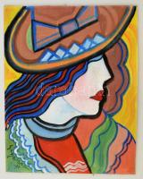 Scheiber jelzéssel: Kalapos nő, tempera, farost, 30×24 cm