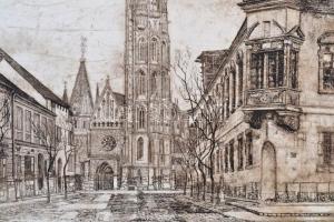 Olvashatatlan jelzéssel: Mátyás templom, rézkarc, papír, számozott (22/100), kartonra ragasztva, 22,...